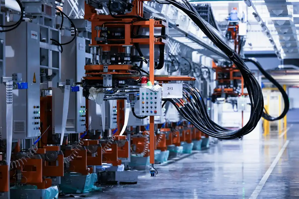 Linha industrial automatizada com manipuladores e cabeamento (foto ilustrativa)